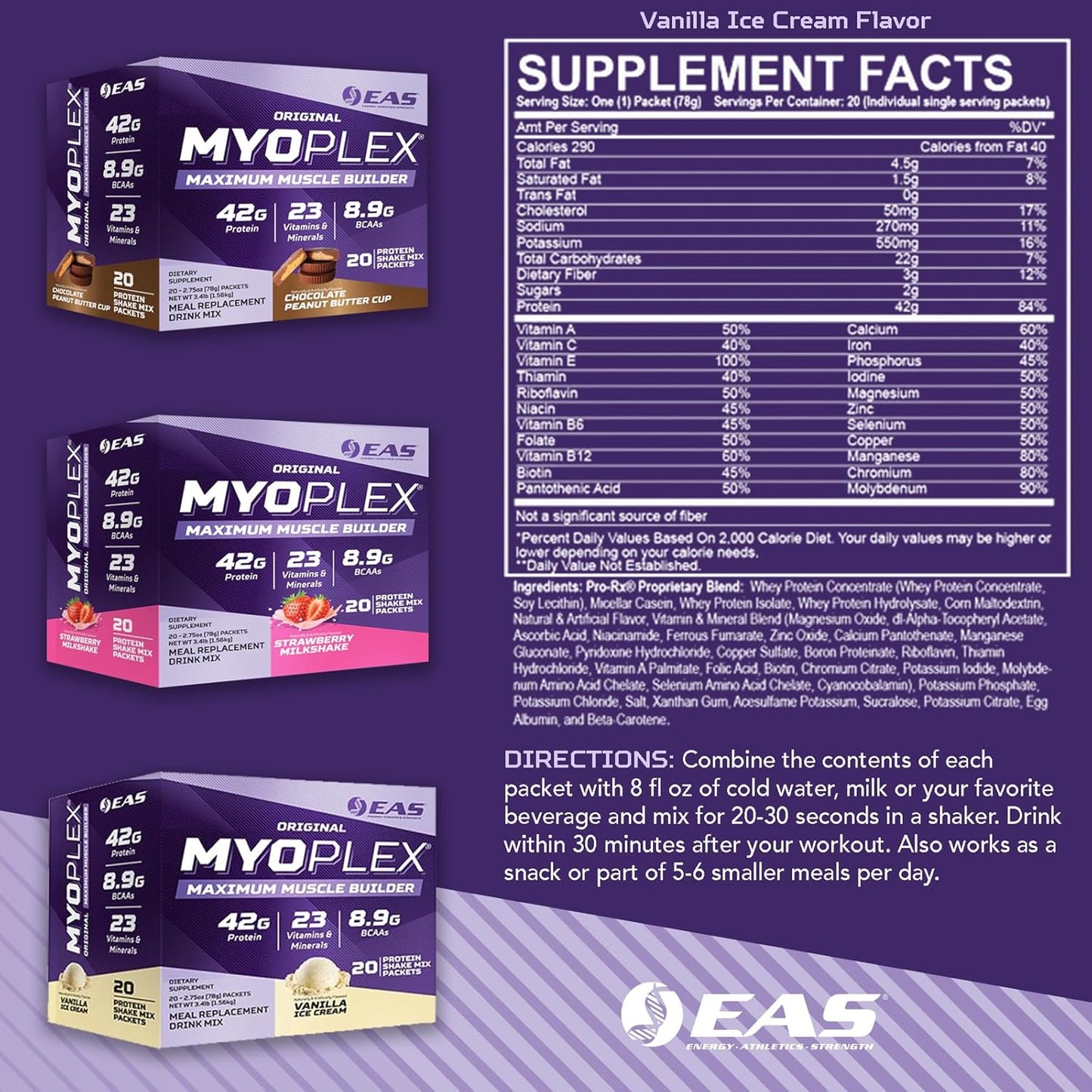 Myoplex Maximum Muscle Builder Protein Drink Mix - Vanilla Ice Cream Flavor - 42g Protein - 20 Packets
