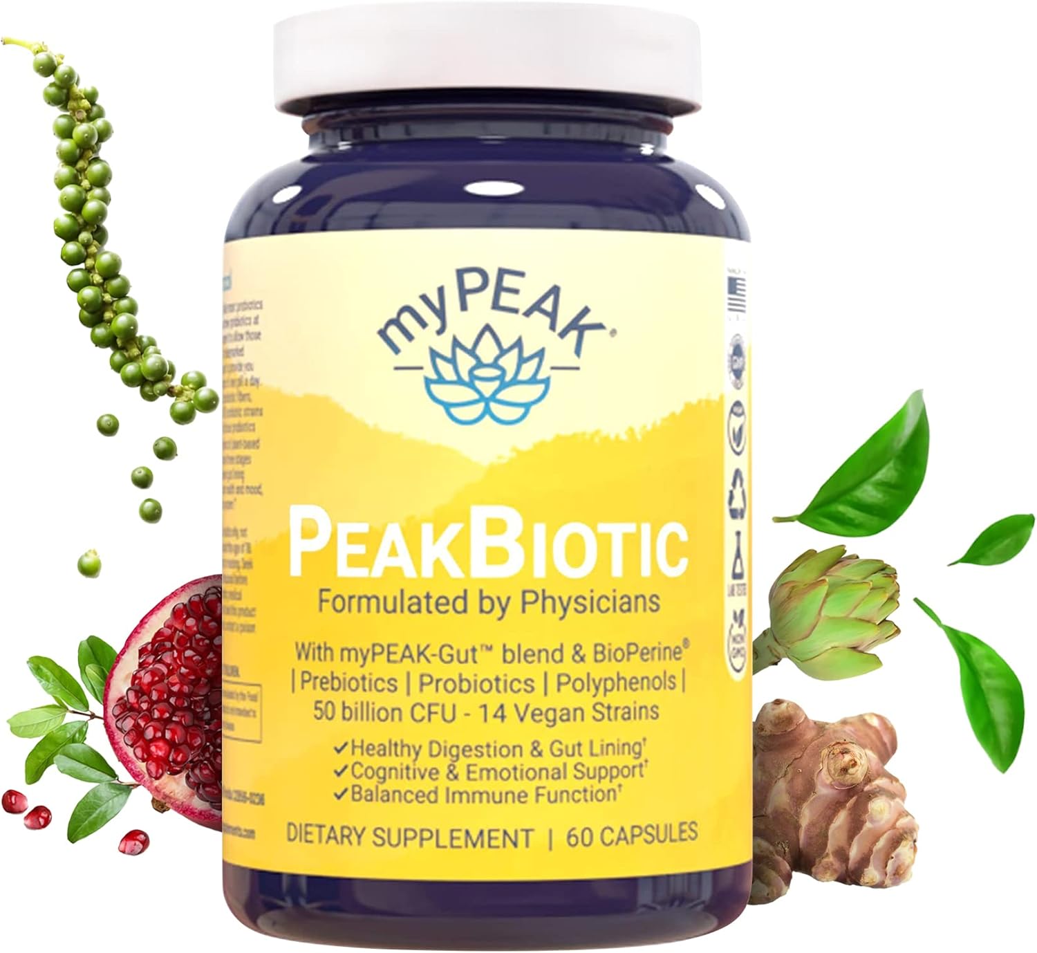 myPEAK PeakBiotic: Vegan Synbiotic with 50 Billion CFU Probiotics, Prebiotics, Postbiotics, Modbiotics for Digestion, Skin, Mood - 2-Month Supply, 60 Capsules