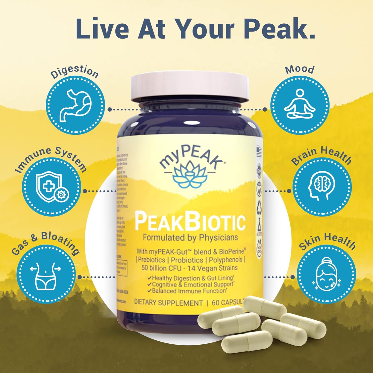 myPEAK PeakBiotic: Vegan Synbiotic with 50 Billion CFU Probiotics, Prebiotics, Postbiotics, Modbiotics for Digestion, Skin, Mood - 2-Month Supply, 60 Capsules