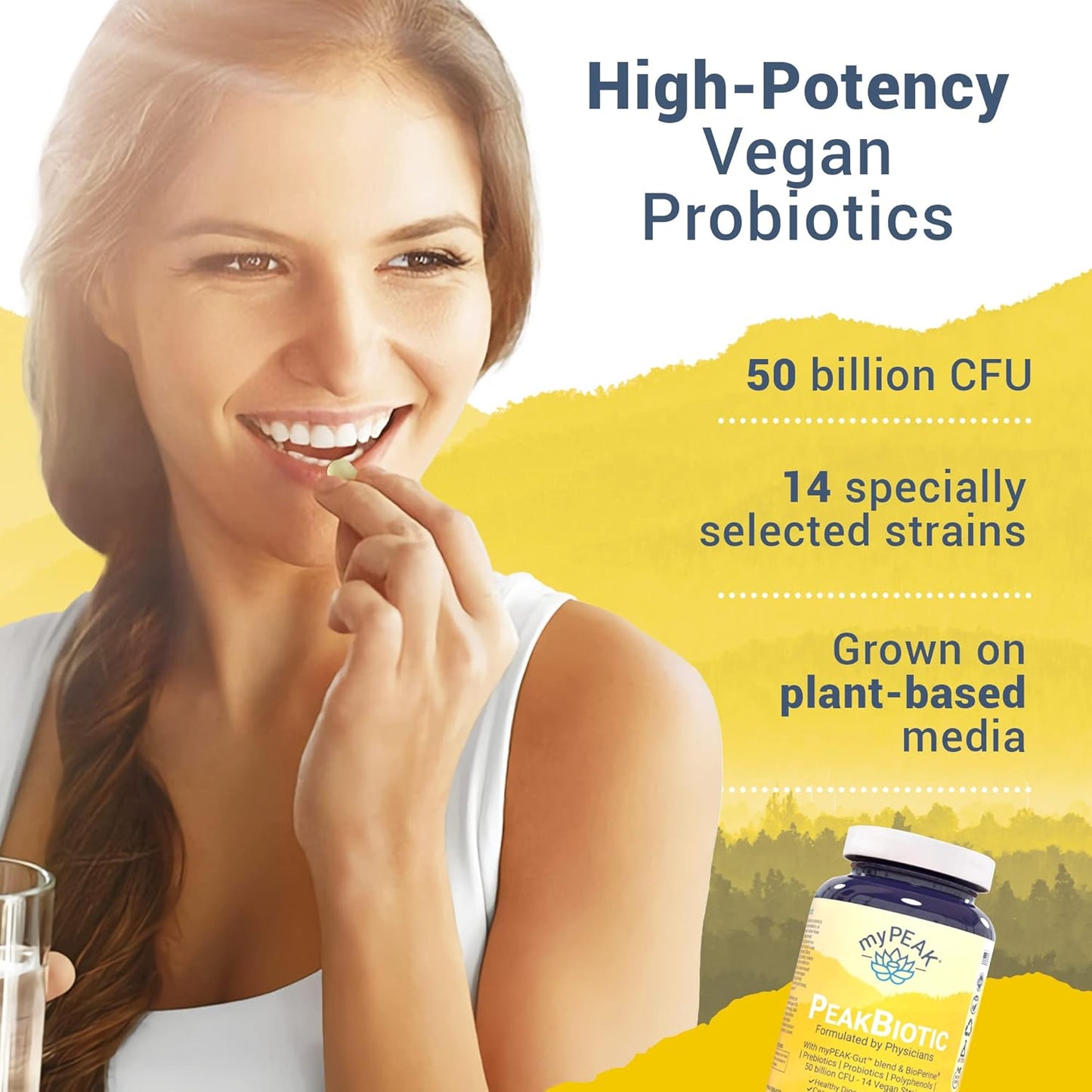 myPEAK PeakBiotic: Vegan Synbiotic with 50 Billion CFU Probiotics, Prebiotics, Postbiotics, Modbiotics for Digestion, Skin, Mood - 2-Month Supply, 60 Capsules