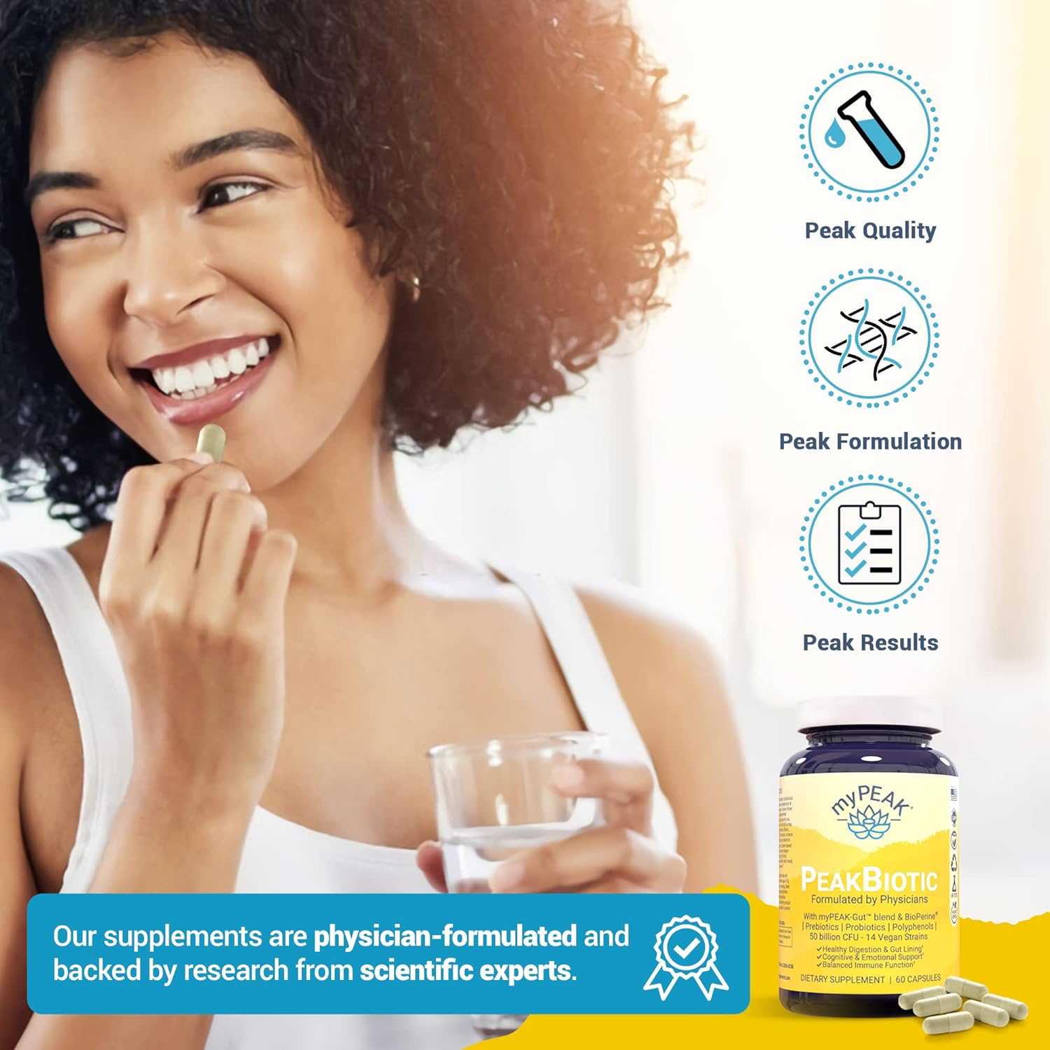 myPEAK PeakBiotic: Vegan Synbiotic with 50 Billion CFU Probiotics, Prebiotics, Postbiotics, Modbiotics for Digestion, Skin, Mood - 2-Month Supply, 60 Capsules