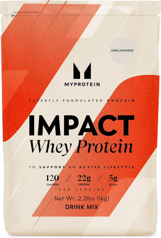 Myprotein Impact Whey Protein Powder - Unflavored, 2.2 Lbs (33 Servings) - 22g Protein & 5g BCAA - Performance Shake