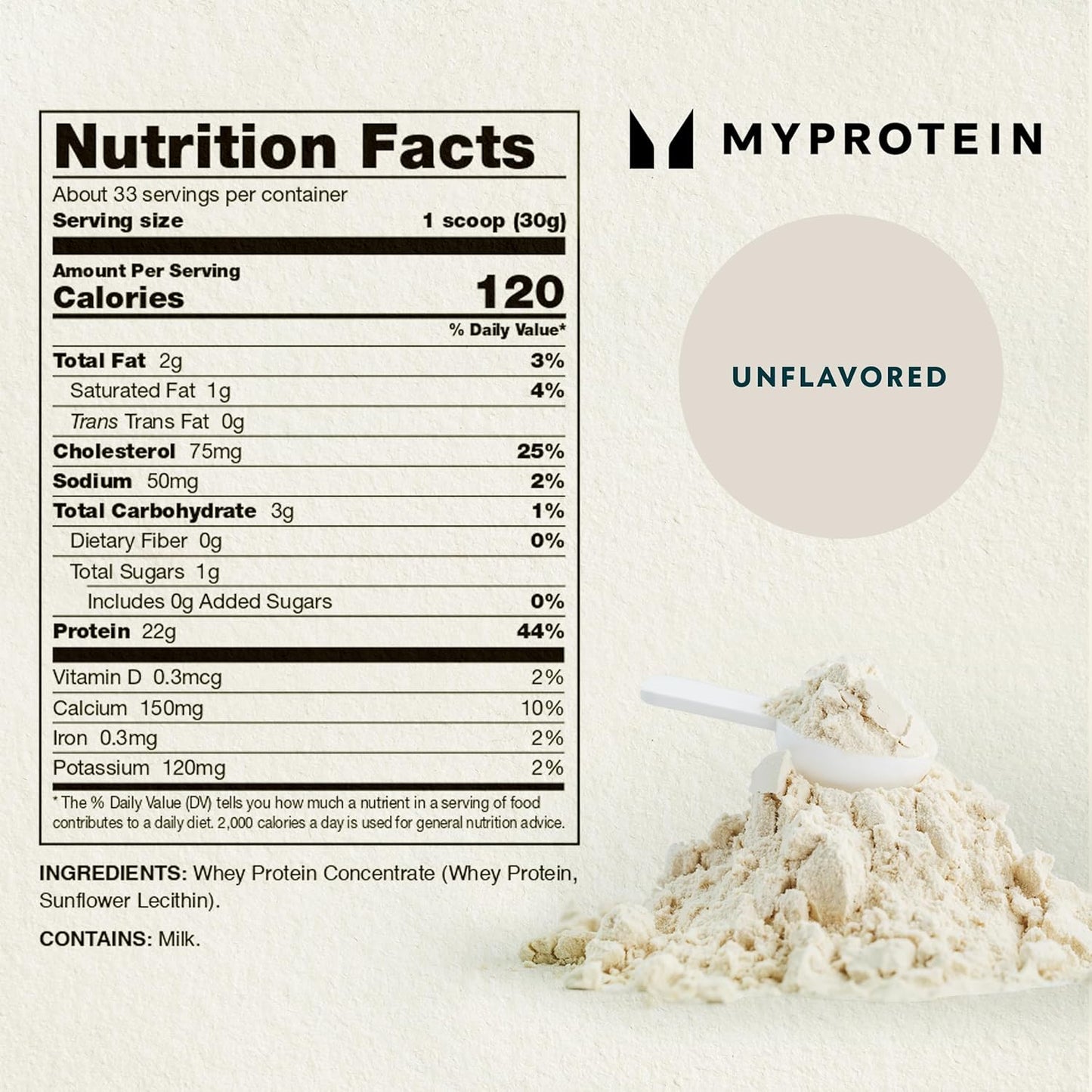 Myprotein Impact Whey Protein Powder - Unflavored, 2.2 Lbs (33 Servings) - 22g Protein & 5g BCAA - Performance Shake