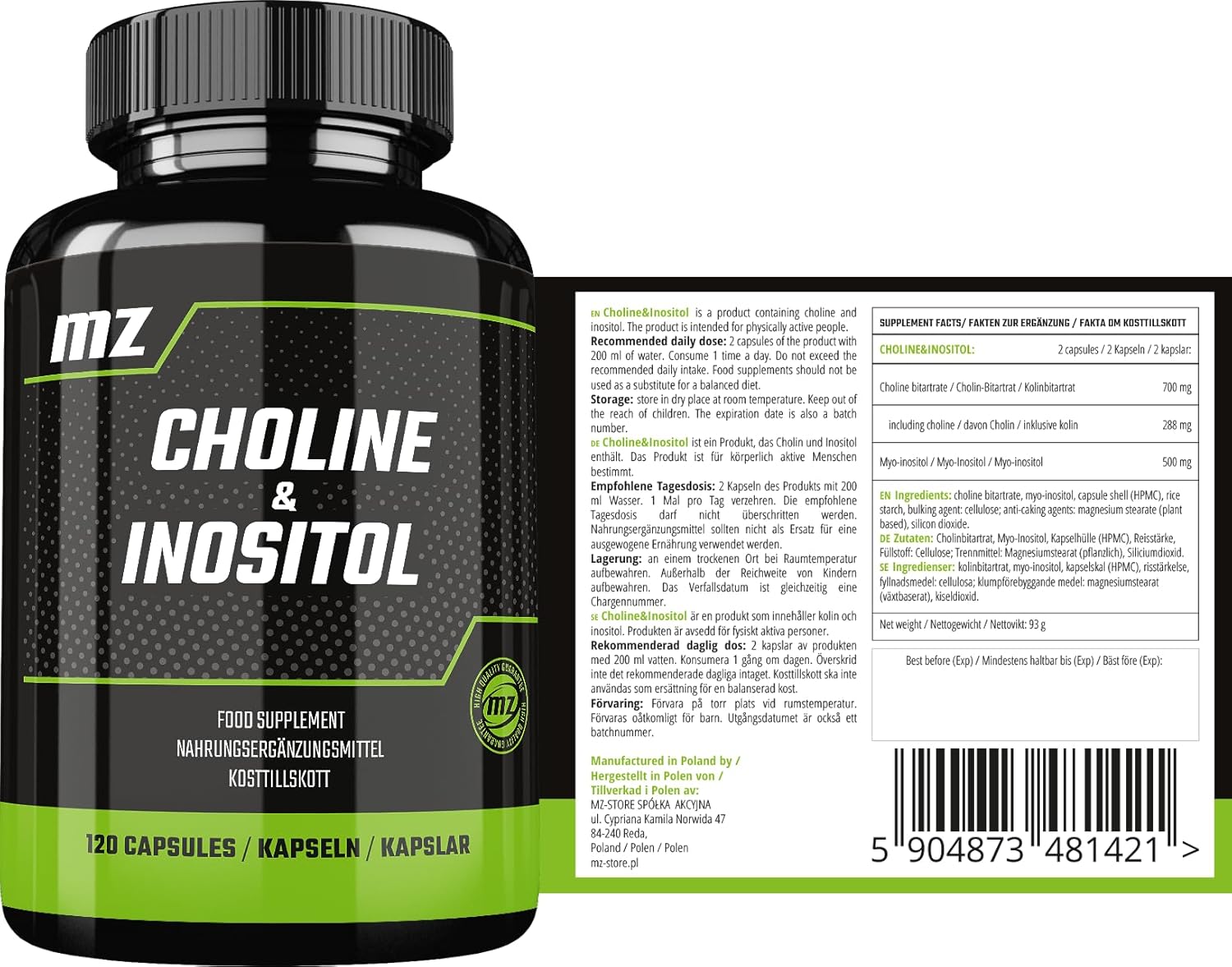 MZ Choline and Inositol 1200 mg - 120 Capsules - 2 Months Supply - Mind Clarity & Relaxation Supplement