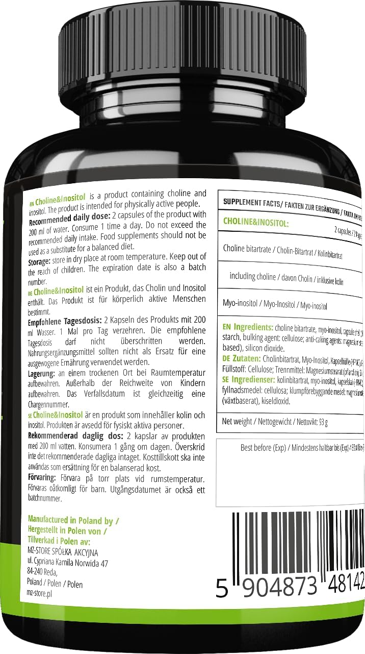 MZ Choline and Inositol Supplement - 120 Capsules, 1200mg - 2 Month Supply - Supports Mind Clarity and Relaxation