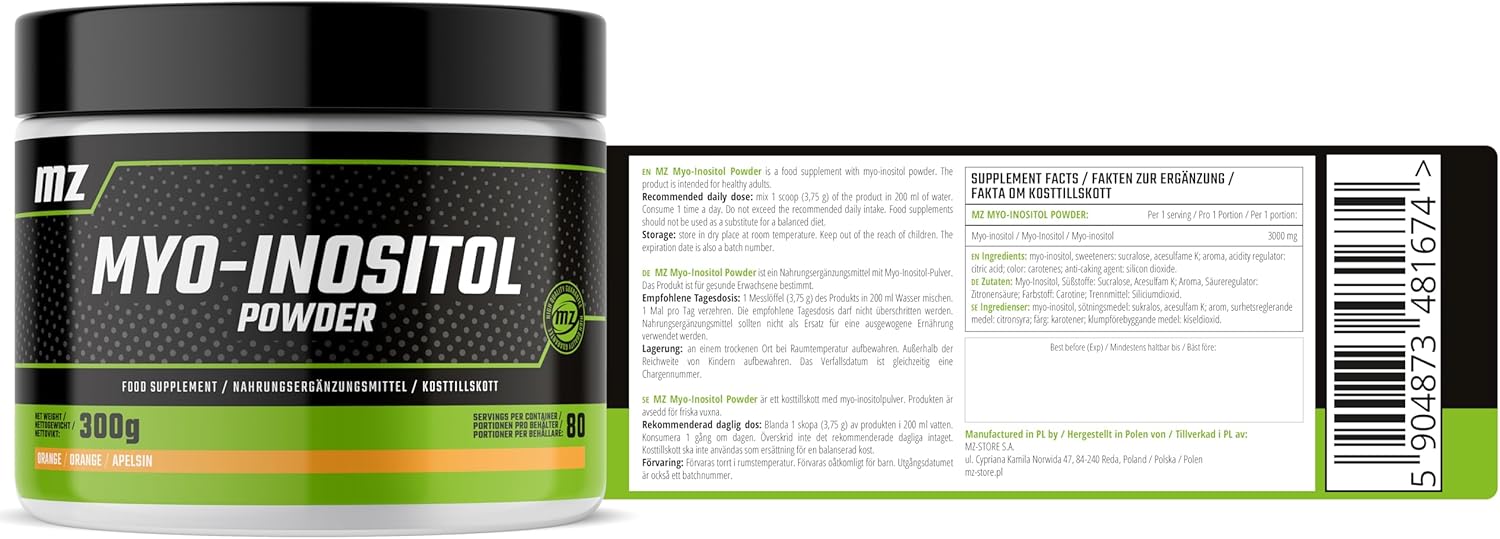 MZ Myo-Inositol Powder 300g - 3750mg per Serving - 80 Servings - Orange Flavour