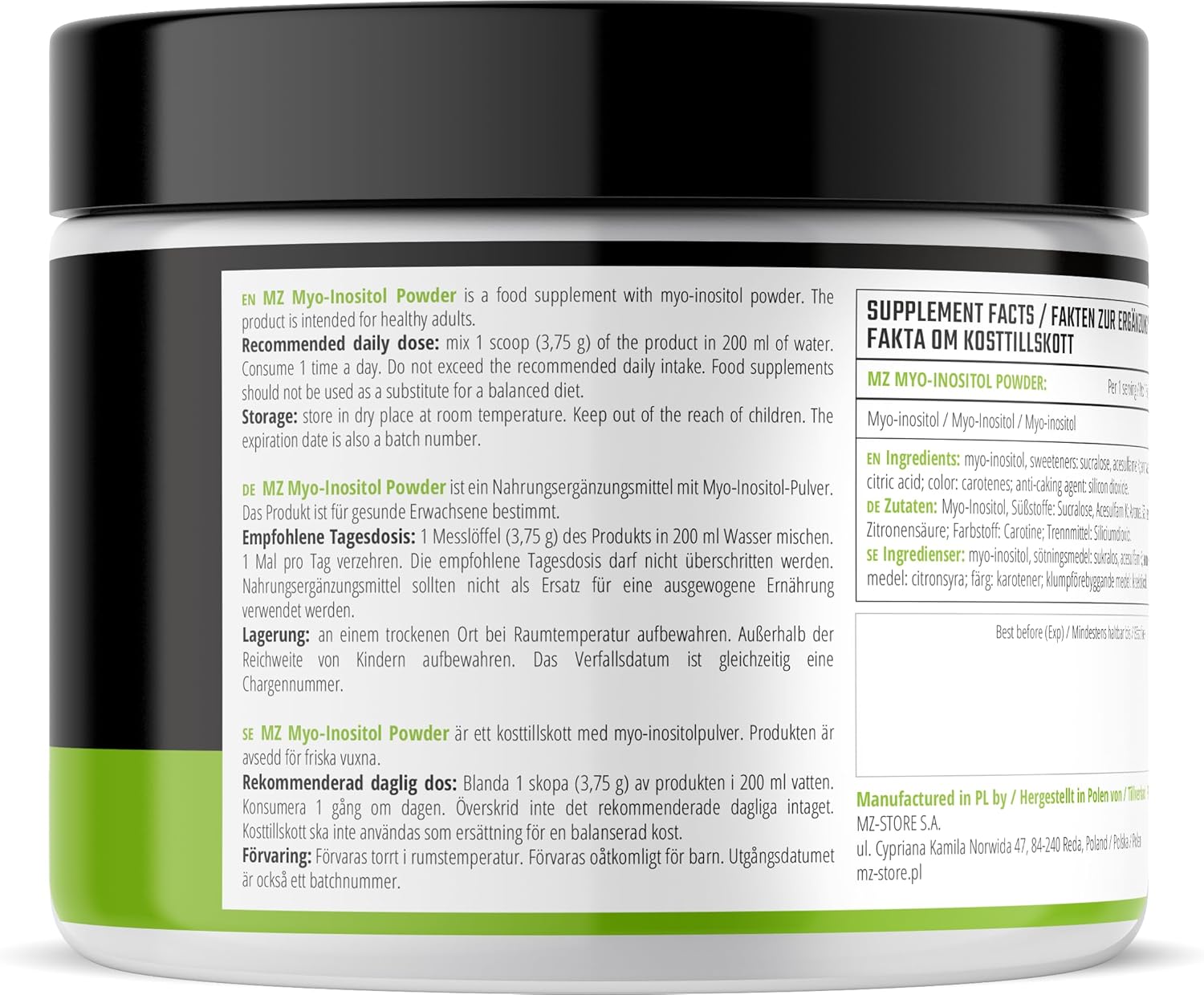 MZ Myo-Inositol Powder 300g - 3750mg per Serving - 80 Servings - Orange Flavour