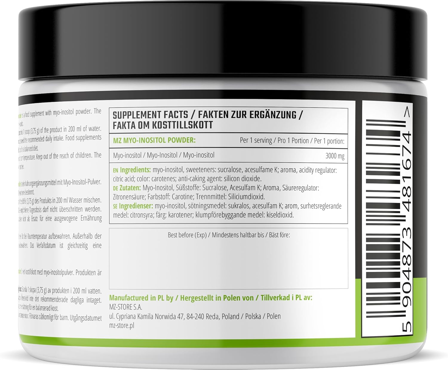 MZ Myo-Inositol Powder 300g - 3750mg per Serving - 80 Servings - Orange Flavour