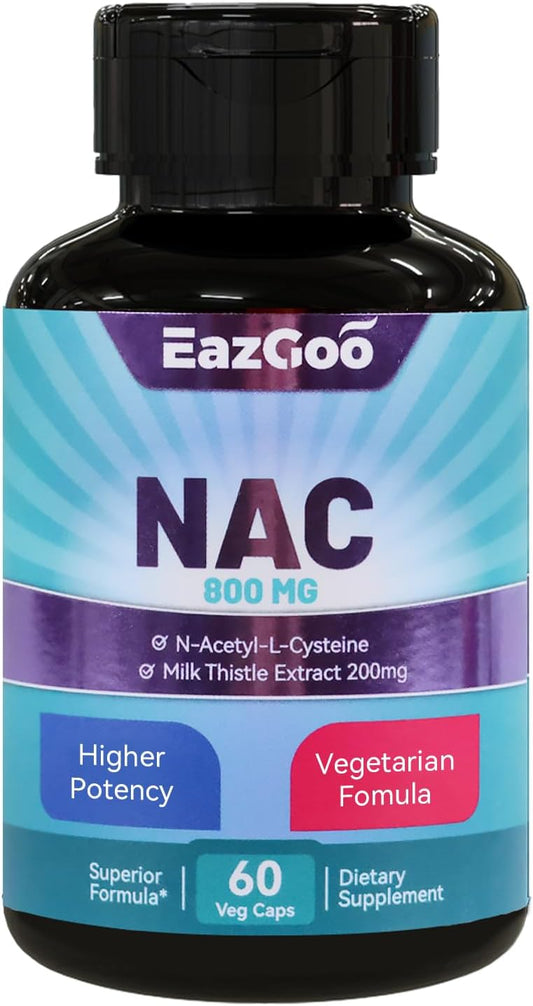 N-Acetyl Cysteine 800mg Supplement with Milk Thistle 200mg - Non-GMO, Gluten Free - 60 Capsules by EAZGOO