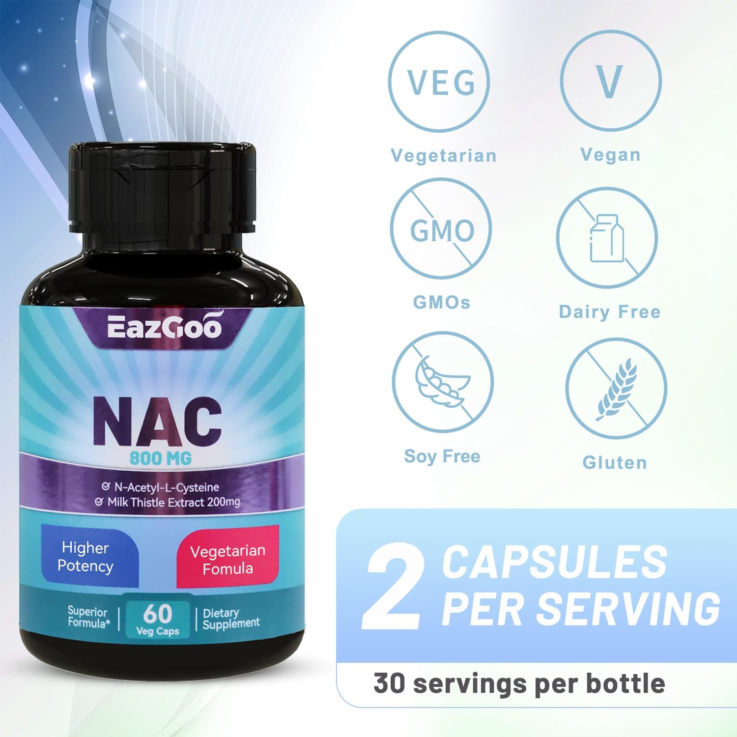 N-Acetyl Cysteine 800mg Supplement with Milk Thistle 200mg - Non-GMO, Gluten Free - 60 Capsules by EAZGOO