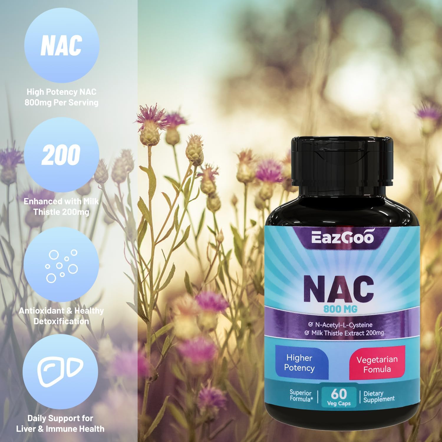 N-Acetyl Cysteine 800mg Supplement with Milk Thistle 200mg - Non-GMO, Gluten Free - 60 Capsules by EAZGOO