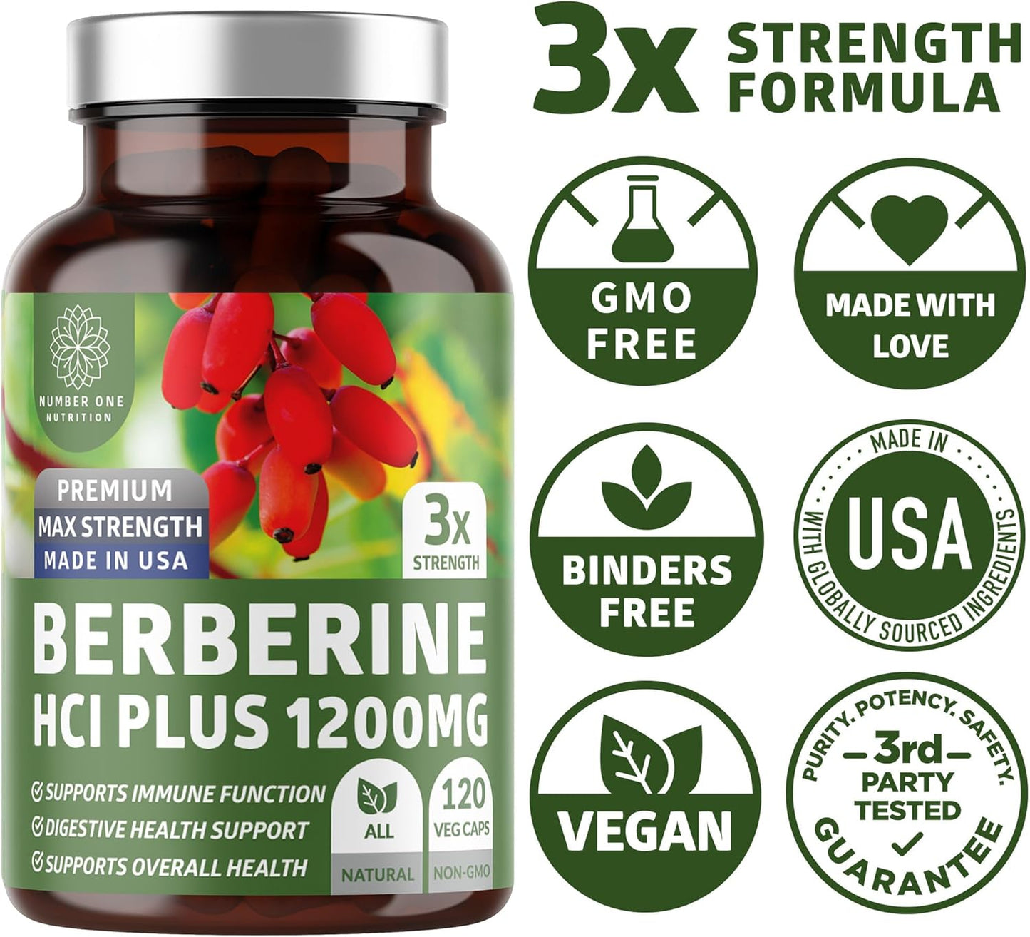 N1N Premium Berberine Plus Supplement 120 Capsules - 1200mg, Non-GMO, US Made - Supports Anti-Aging, Cellular Health, Energy, Digestion