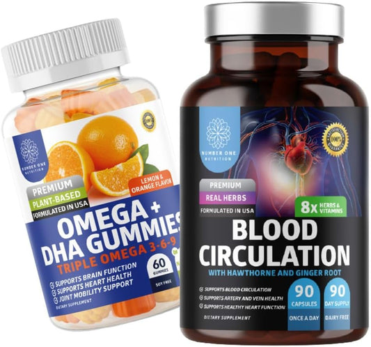 N1N Premium Blood Circulation Supplement with 8 Powerful Herbs & Vitamins, Omega 3 6 9 + DHA Gummies - 2 Pack Bundle