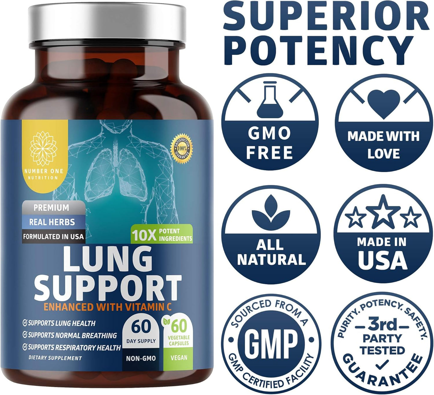 N1N Premium Lung Support Supplement with 10 Potent Ingredients for Natural Cleanse & Detox - Supports Respiratory Health - 60 Veg Caps