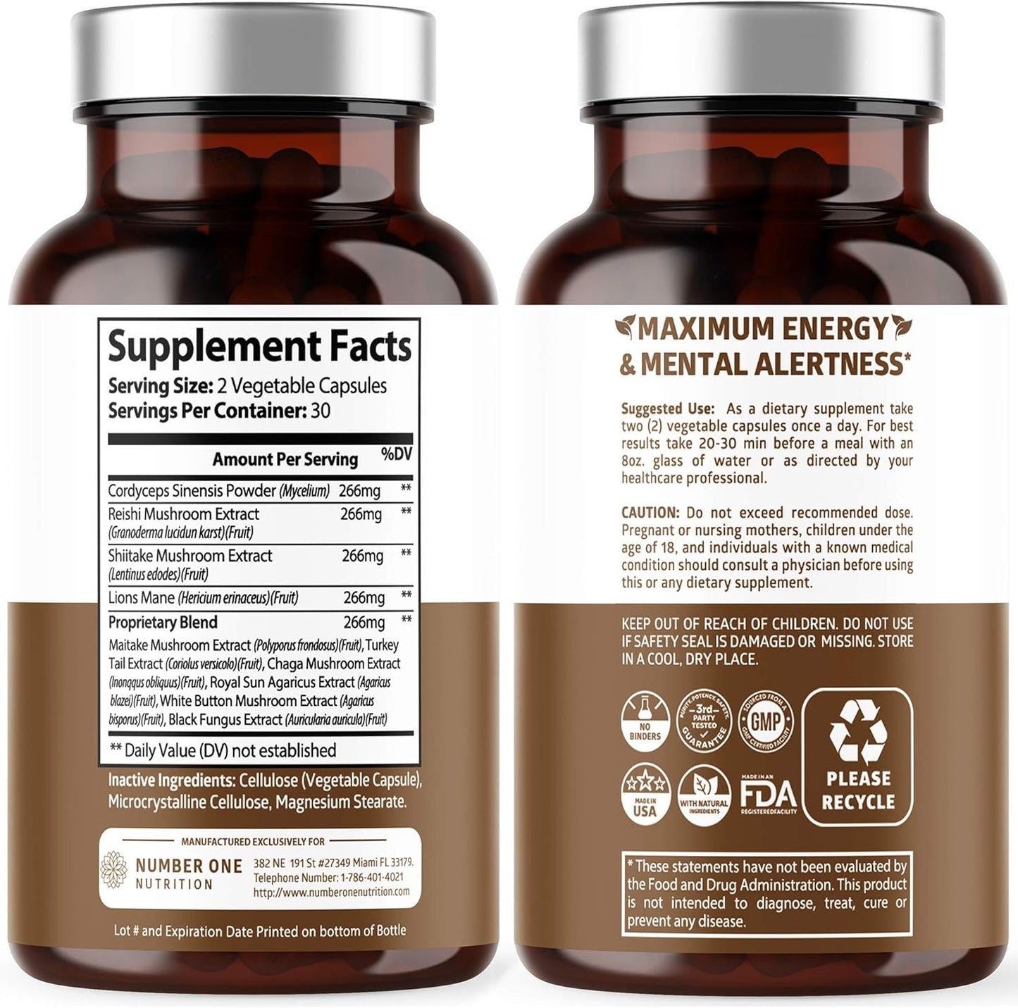 N1N Premium Mushroom Complex - 10X Powerful Mushrooms for Health, Brain Function, and Energy - 60 Veg Caps