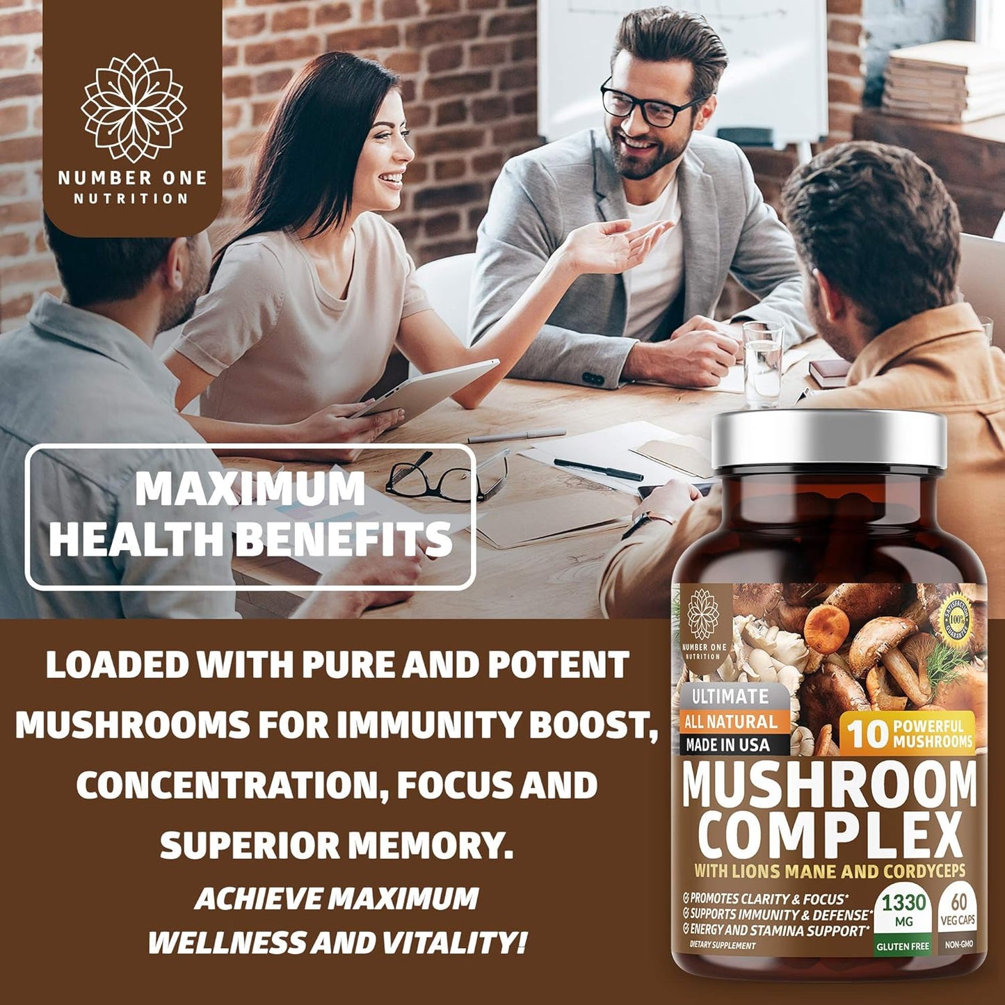N1N Premium Mushroom Complex - 10X Powerful Mushrooms for Health, Brain Function, and Energy - 60 Veg Caps