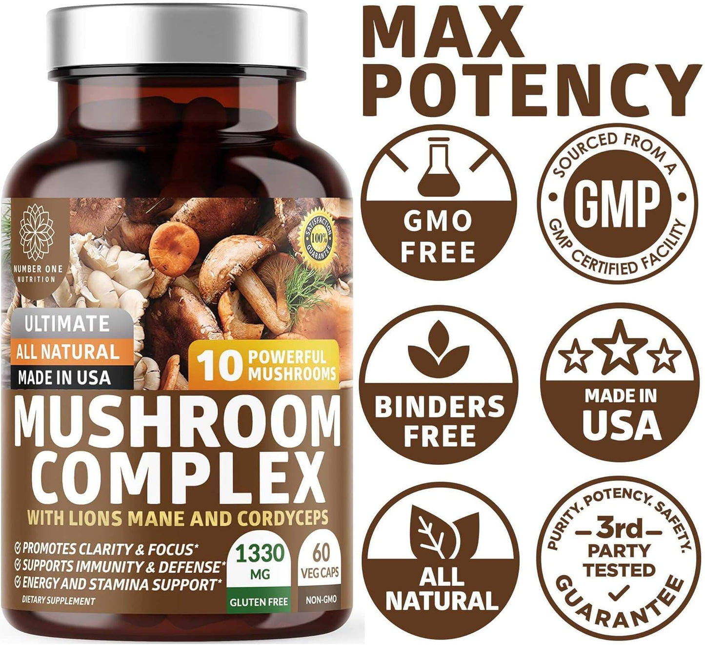 N1N Premium Mushroom Complex - 10X Powerful Mushrooms for Health, Brain Function, and Energy - 60 Veg Caps