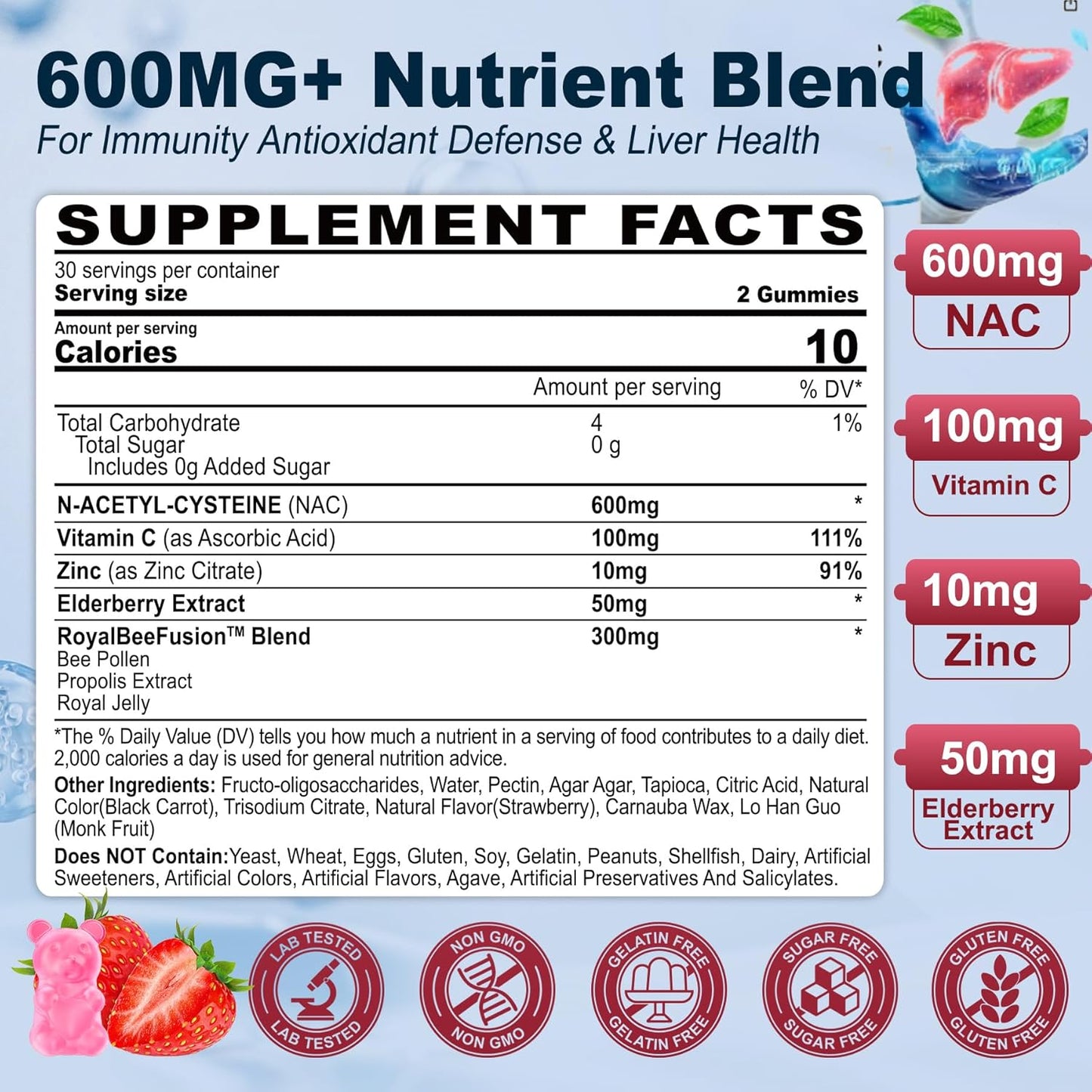 NAC Gummies with Vitamin C, Zinc, Elderberry for Respiratory & Liver Support - 600mg Antioxidant Gummies, Sugar-Free - 120 Ct