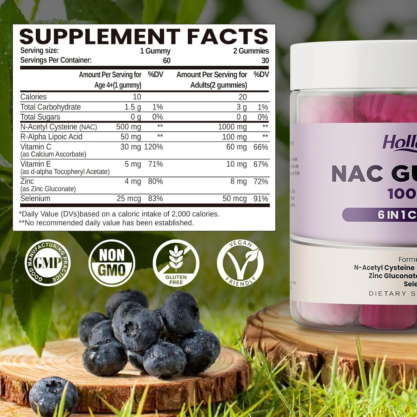 NAC Gummy Supplement with ALA, Zinc, Vitamin C & E for Immune Support - 1000mg, Blueberry Flavor - 60 Ct