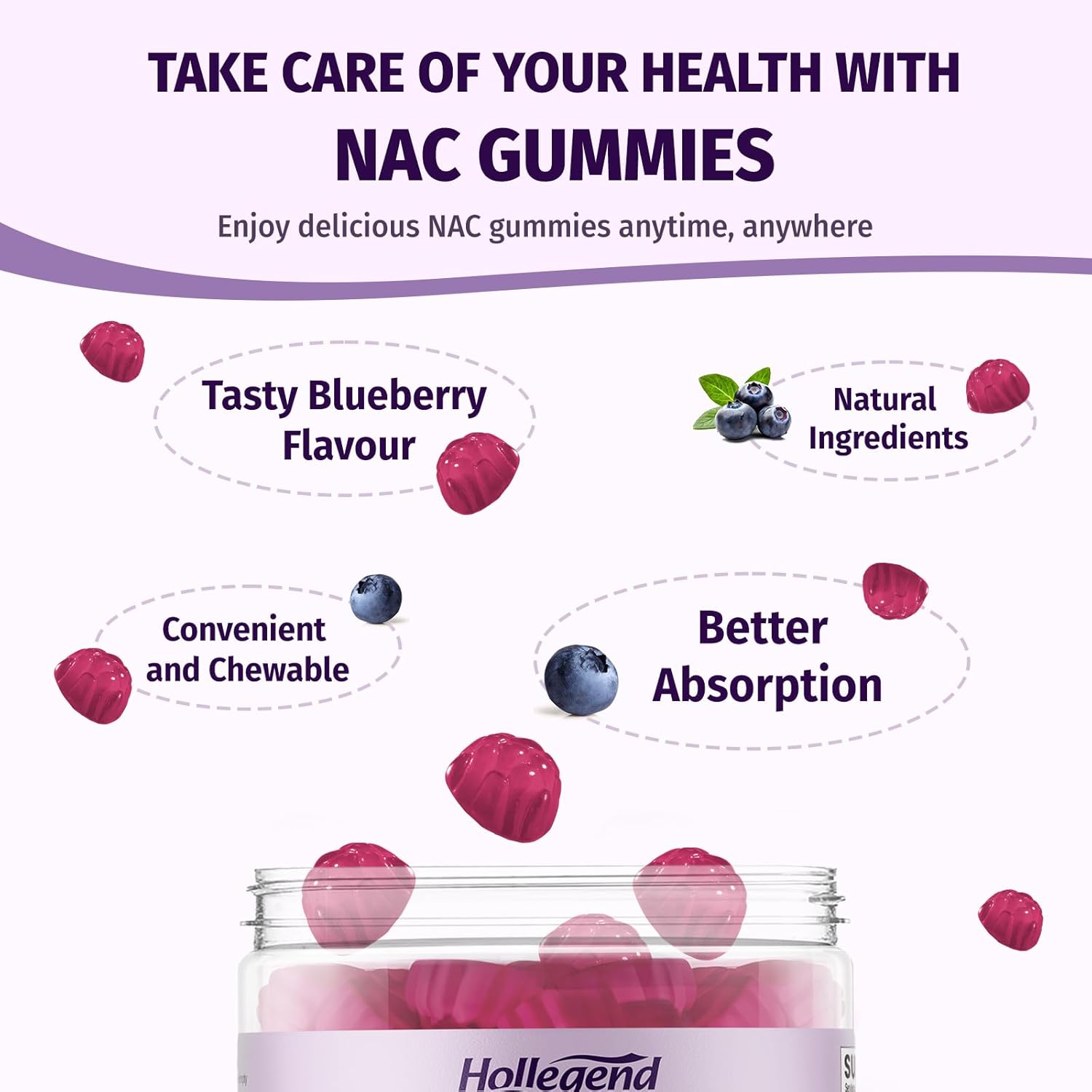 NAC Gummy Supplement with ALA, Zinc, Vitamin C & E for Immune Support - 1000mg, Blueberry Flavor - 60 Ct