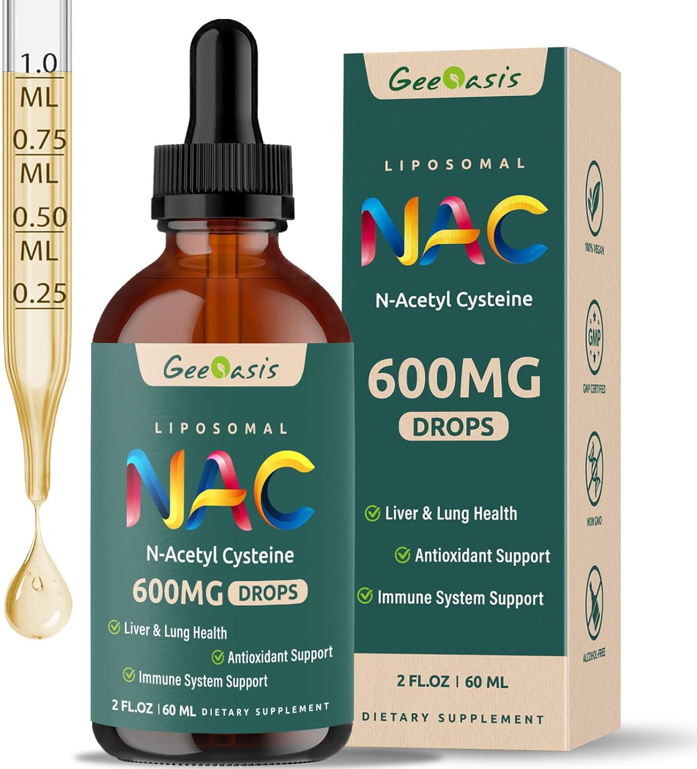 NAC Liposomal Liquid Supplement with Quercetin & Zinc for Liver & Lung Support - 600mg N Acetyl Cysteine Drops for Immune & Skin Health - 2 Fl Oz