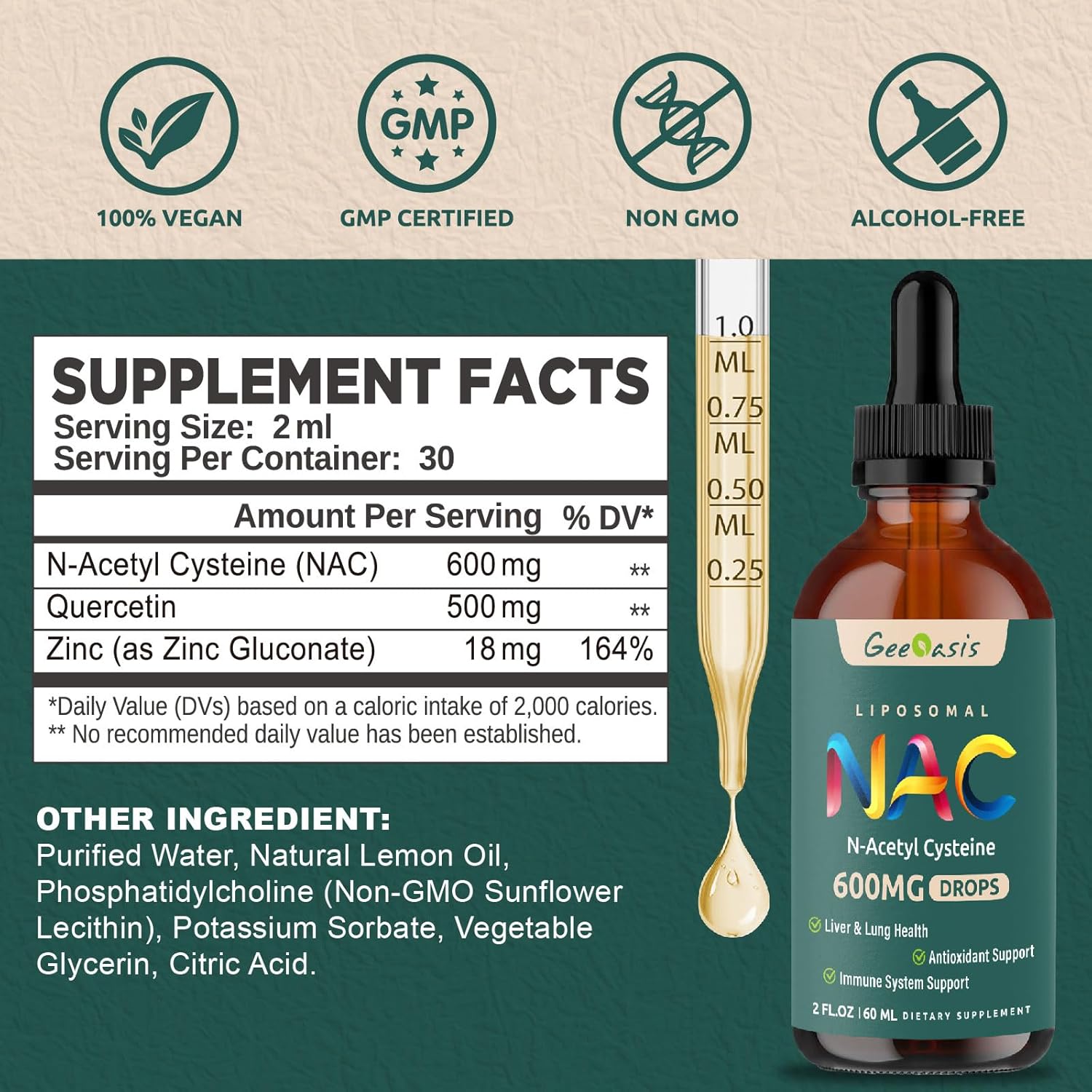 NAC Liposomal Liquid Supplement with Quercetin & Zinc for Liver & Lung Support - 600mg N Acetyl Cysteine Drops for Immune & Skin Health - 2 Fl Oz