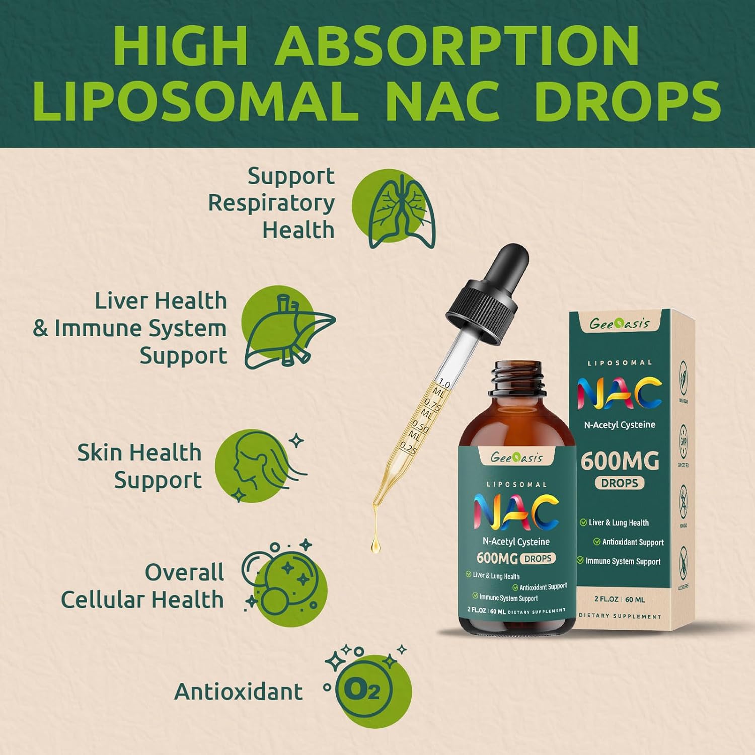 NAC Liposomal Liquid Supplement with Quercetin & Zinc for Liver & Lung Support - 600mg N Acetyl Cysteine Drops for Immune & Skin Health - 2 Fl Oz