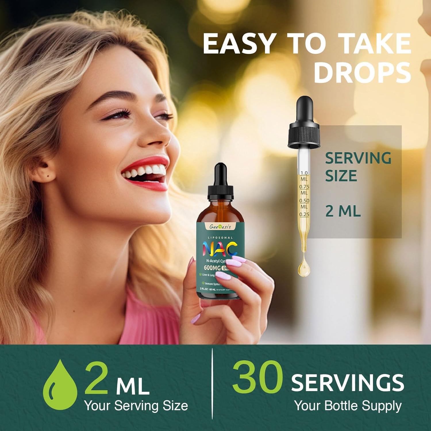 NAC Liposomal Liquid Supplement with Quercetin & Zinc for Liver & Lung Support - 600mg N Acetyl Cysteine Drops for Immune & Skin Health - 2 Fl Oz