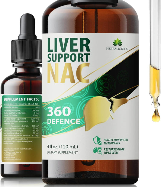 NAC Liver Support Liquid Formula with Milk Thistle, Dandelion Root, and Turmeric - Promotes Liver Detox - 4 fl oz