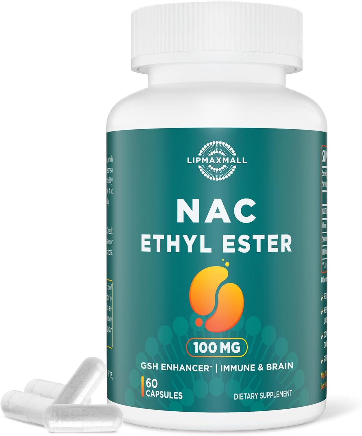 NACET Lipmaxmall N-Acetyl Cysteine Ethyl Ester Capsules with Glycine for Immune System Support - 60 Capsules - 100mg