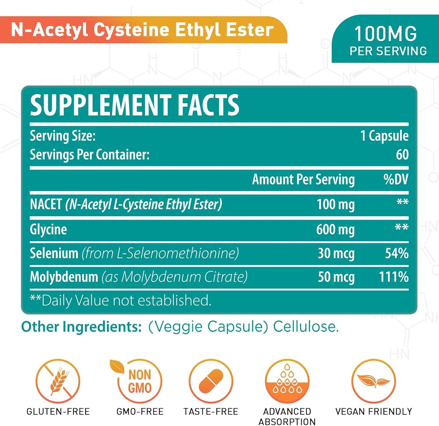 NACET Lipmaxmall N-Acetyl Cysteine Ethyl Ester Capsules with Glycine for Immune System Support - 60 Capsules - 100mg