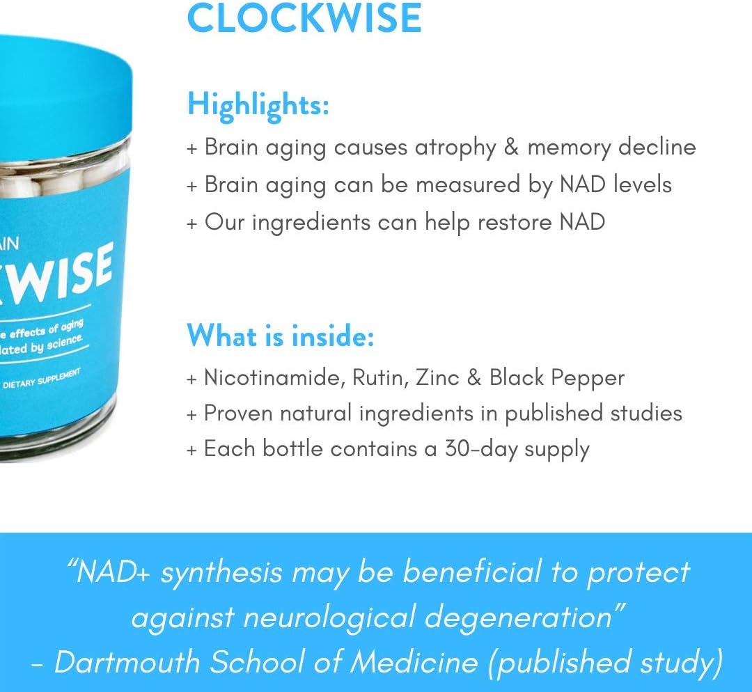 NAD Booster TruBrain Clockwise Supplement for Increased Energy, Anti Aging, and Cell Immunity with Nicotinamide