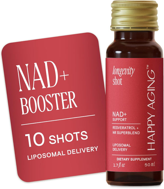 NAD+ Longevity Shots with Liposomal NR, Resveratrol, Ceramides & Antioxidants - Skin Firming & Brain Health - 10 Shots, 5 Weeks