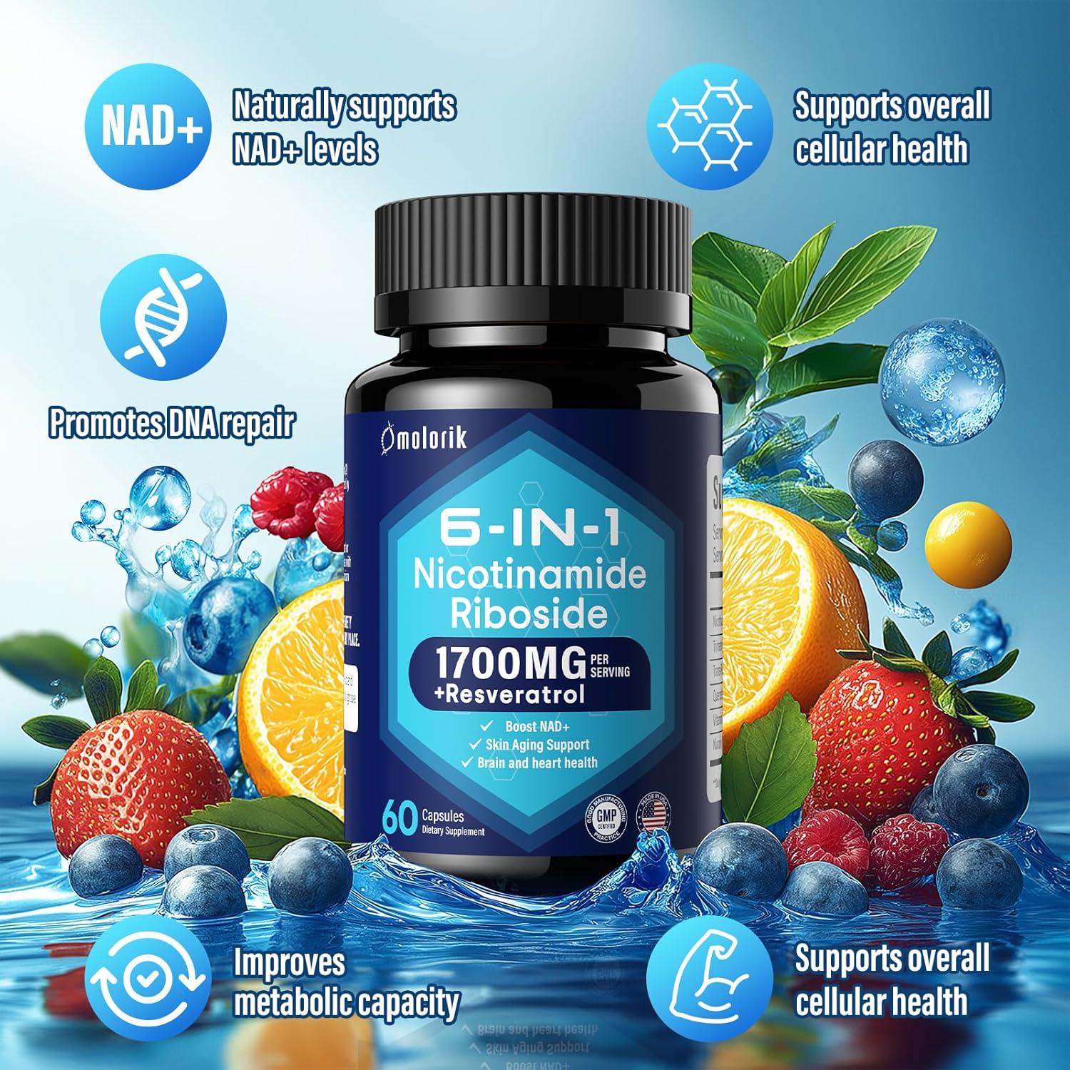 NAD+ Supplement with Nicotinamide Riboside 1700mg, Trimethylglycine, Resveratrol, Vitamin C, Niacin (B3) for Anti-Aging and Healthy Skin - BoostGo Australia