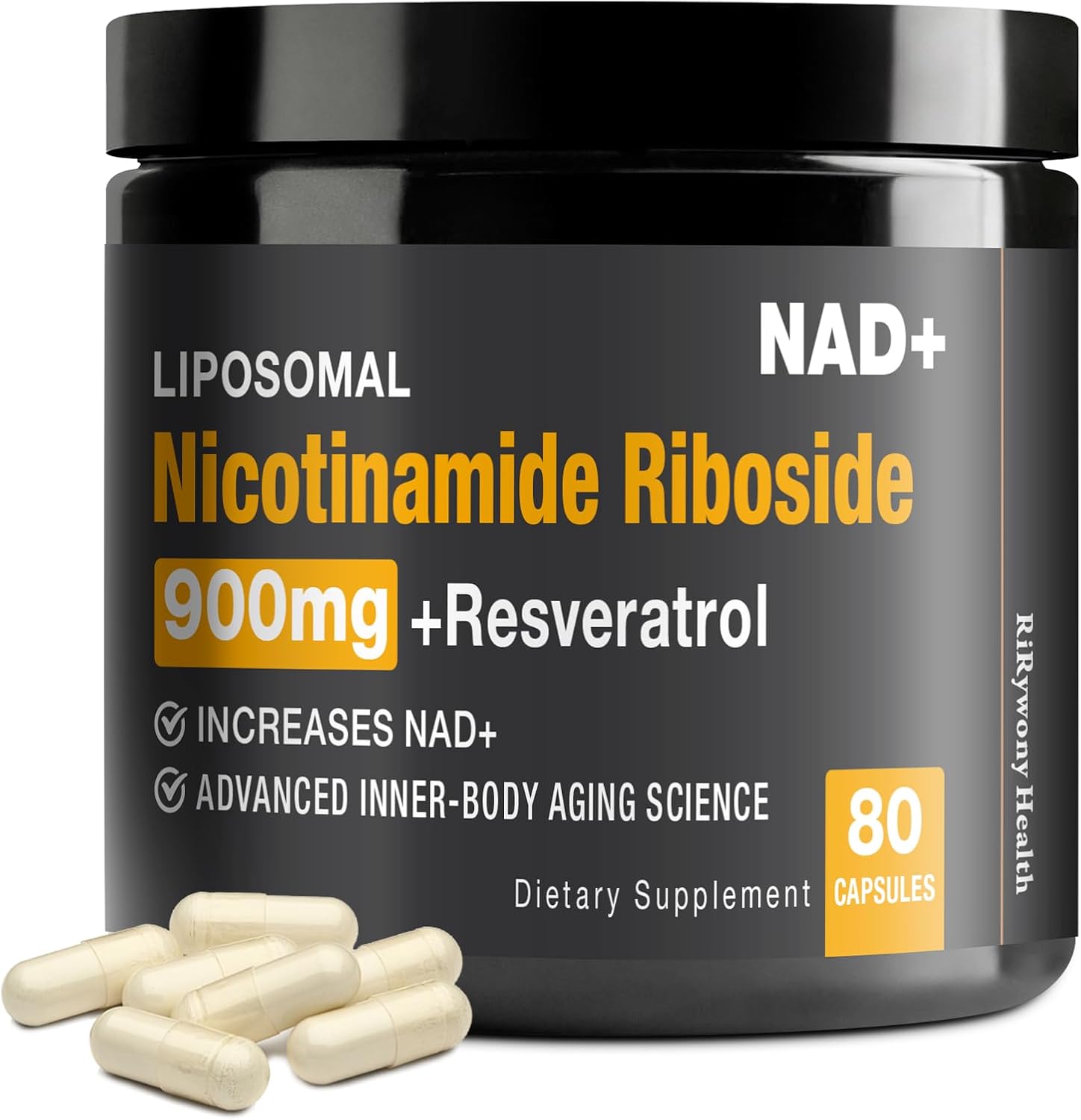 NAD+ Supplement with Nicotinamide Riboside and Resveratrol Quercetin - 900mg, 80 Capsules from RiRywony Health