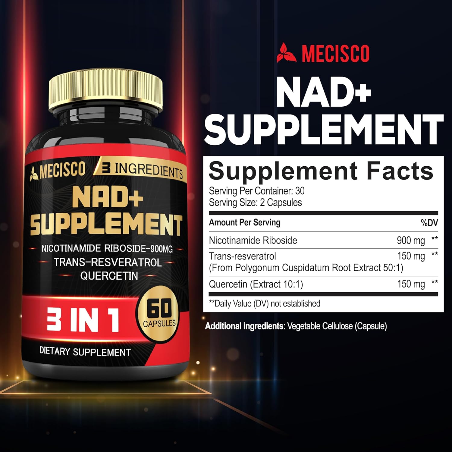 NAD+ Supplement with Nicotinamide Riboside, Trans Resveratrol & Quercetin - 1200mg - Cellular Activity, Immune Support, Aging Health - 60 Capsules