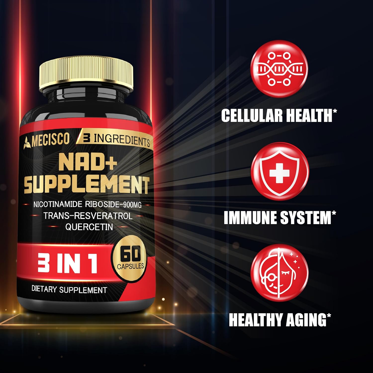 NAD+ Supplement with Nicotinamide Riboside, Trans Resveratrol & Quercetin - 1200mg - Cellular Activity, Immune Support, Aging Health - 60 Capsules