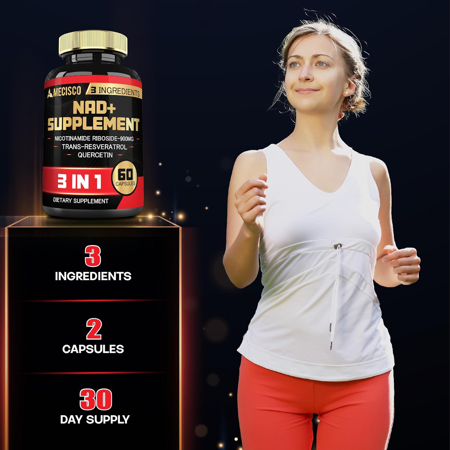 NAD+ Supplement with Nicotinamide Riboside, Trans Resveratrol & Quercetin - 1200mg - Cellular Activity, Immune Support, Aging Health - 60 Capsules