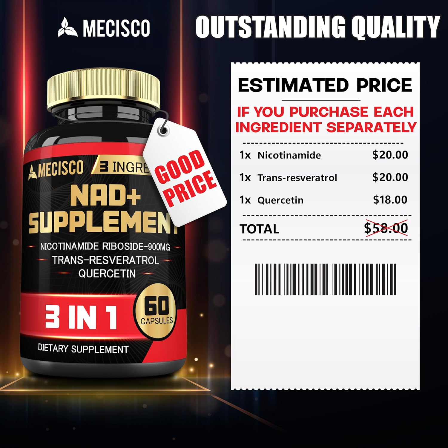 NAD+ Supplement with Nicotinamide Riboside, Trans Resveratrol & Quercetin - 1200mg - Cellular Activity, Immune Support, Aging Health - 60 Capsules