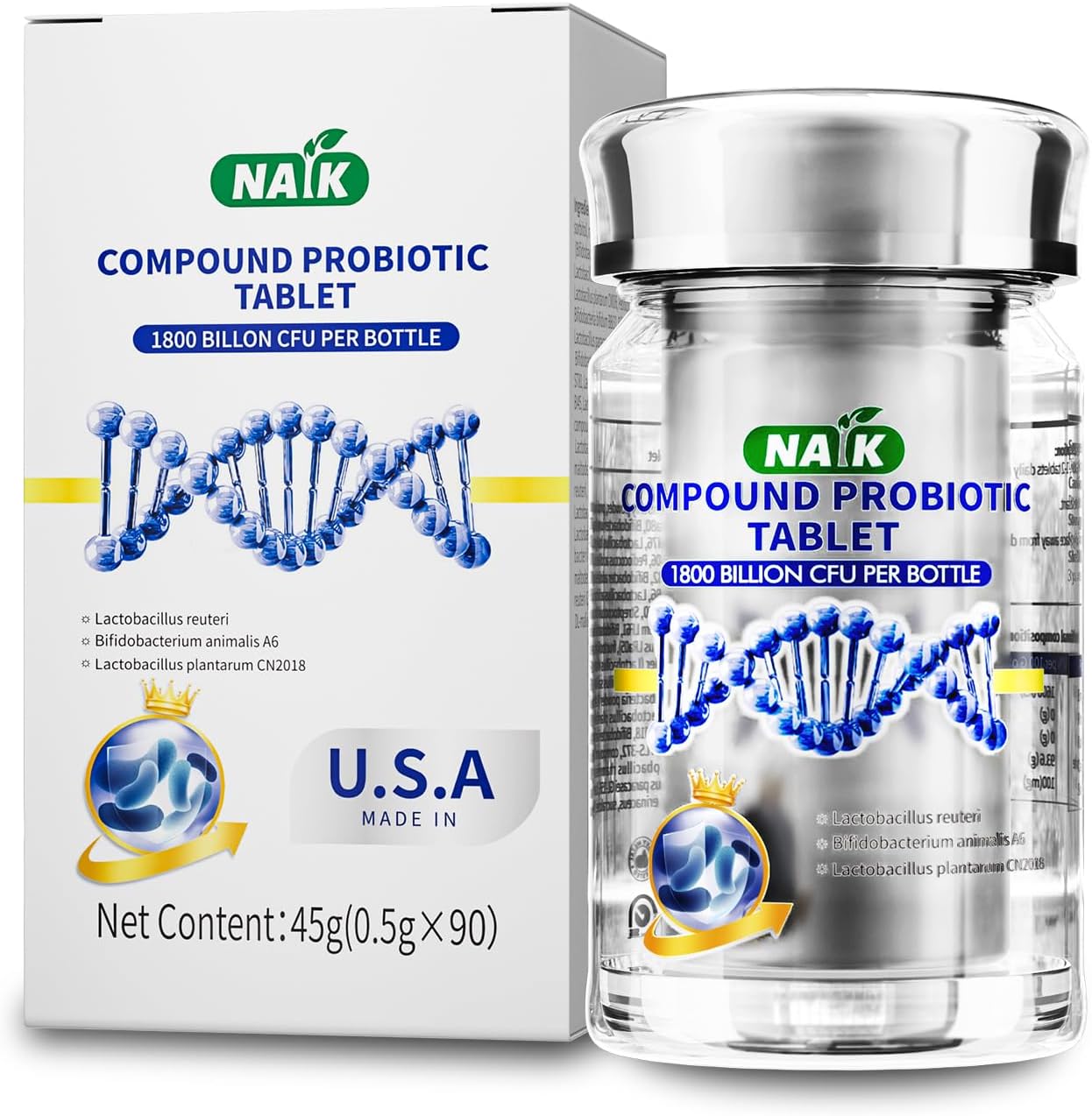 NAIK Probiotics 1800 Billion CFU with Prebiotics - Supports Gut Health & Immune System - 45ct for Men & Women