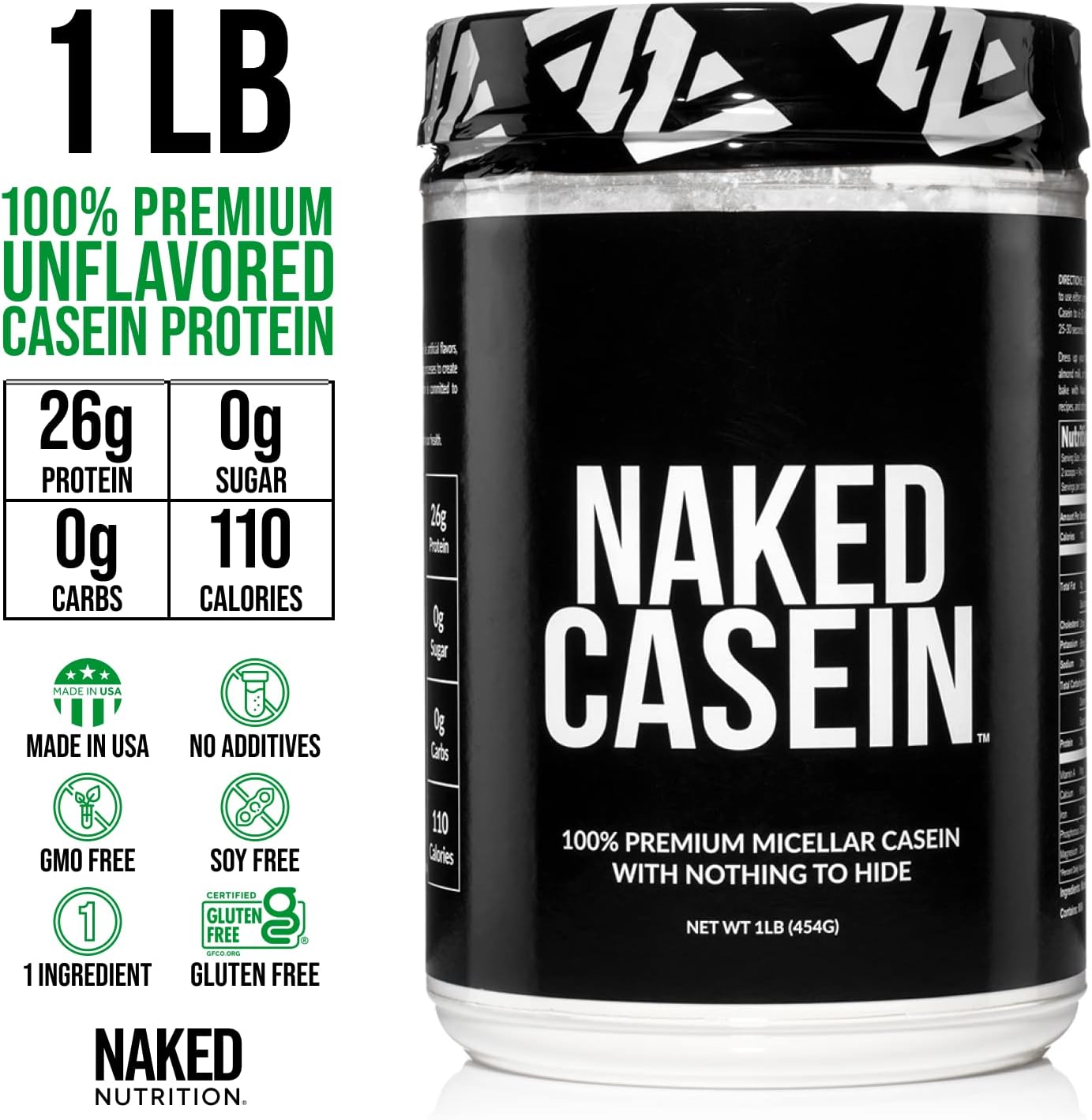 Naked Casein Protein Powder - 1lb Micellar Casein for Muscle Growth & Recovery - Bulk GMO-Free, Gluten-Free, Soy-Free, Preservative-Free - 15 Servings