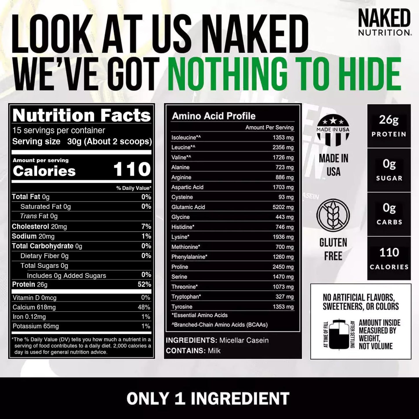 Naked Casein Protein Powder - 1lb Micellar Casein for Muscle Growth & Recovery - Bulk GMO-Free, Gluten-Free, Soy-Free, Preservative-Free - 15 Servings