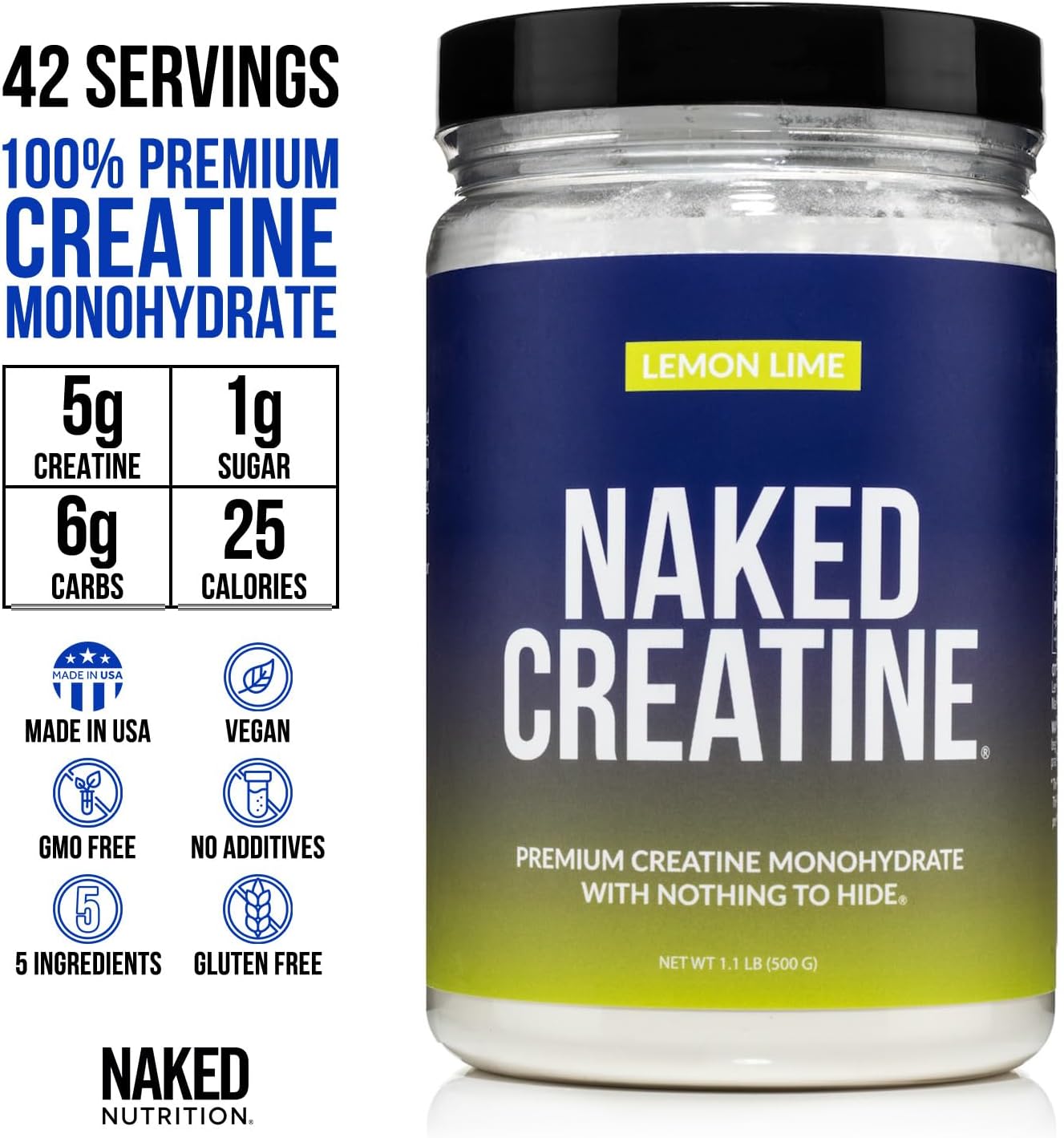 Naked Nutrition Lemon Lime Micronized Creatine Monohydrate - 42 Servings, 500g, Vegan & Non-GMO - Boost Strength Naturally
