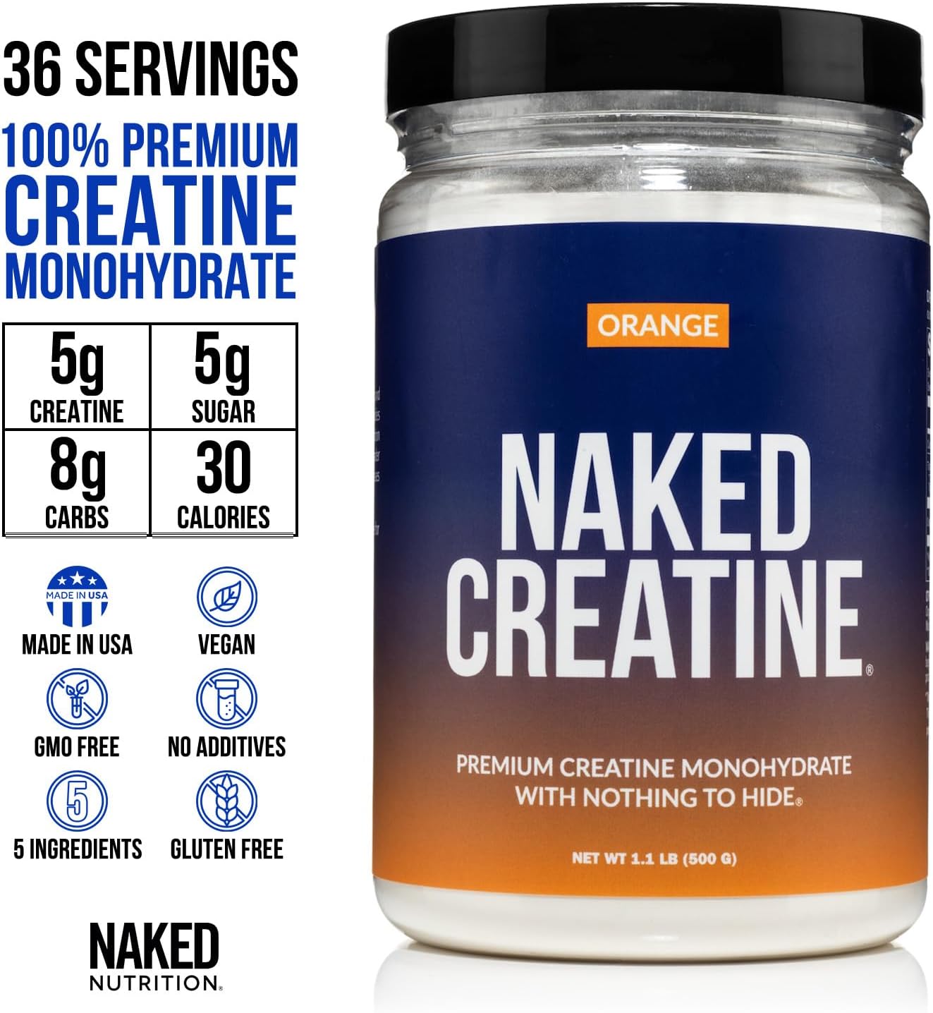 Naked Nutrition Micronized Orange Creatine Monohydrate - 500g Vegan Powder for Strength Gains - Gluten & Soy Free, Non-GMO