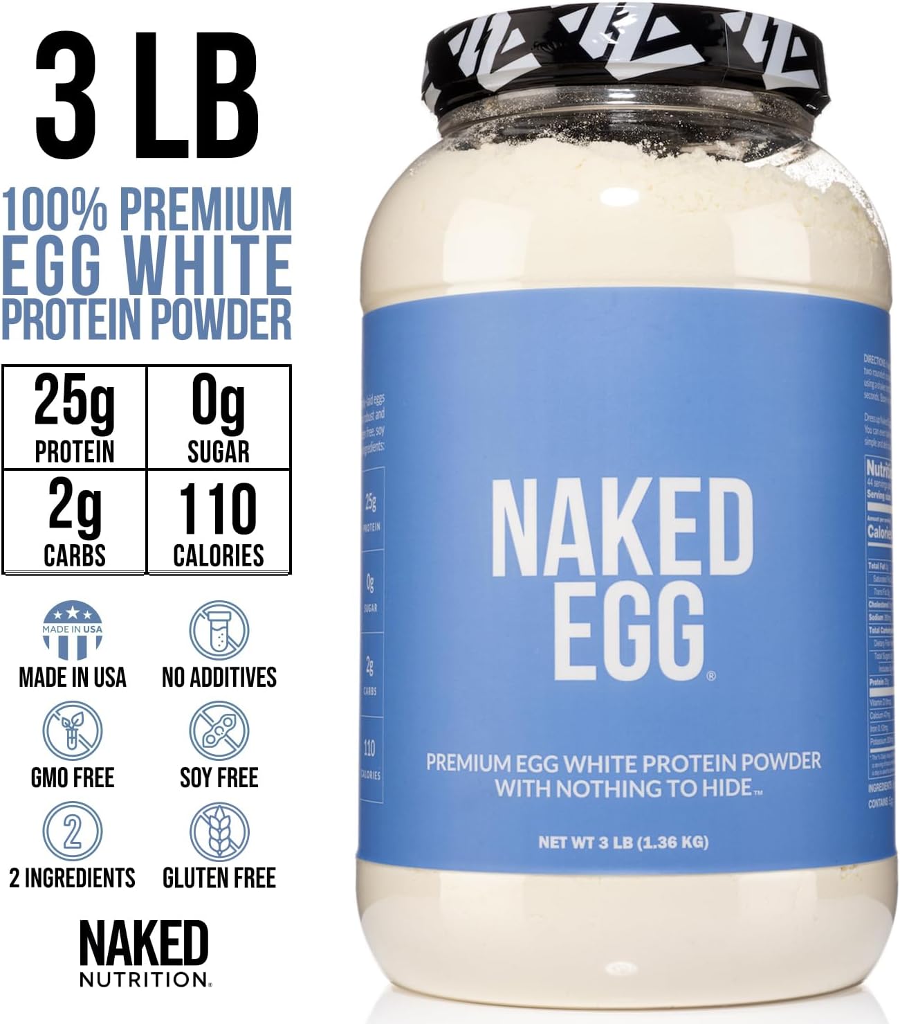 Naked Nutrition Non-GMO Egg White Protein Powder - Unflavored, Paleo, Dairy Free - 3LB, 25g Protein, 44 Servings