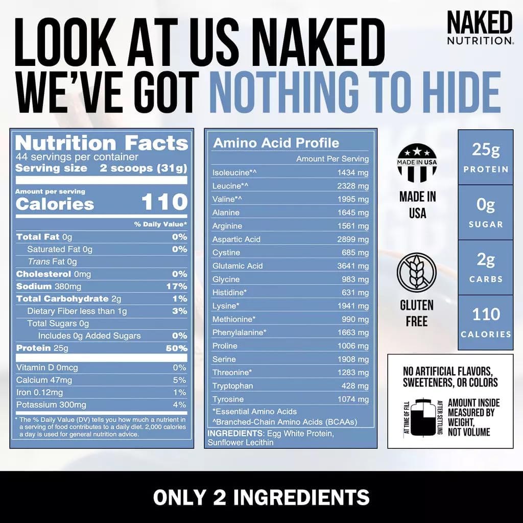 Naked Nutrition Non-GMO Egg White Protein Powder - Unflavored, Paleo, Dairy Free - 3LB, 25g Protein, 44 Servings