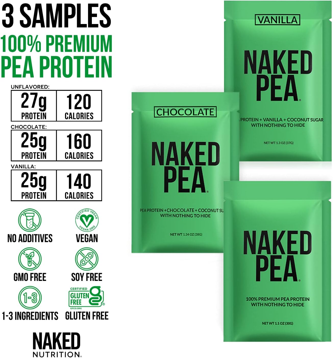 Naked Nutrition Vegan Pea Protein Sample Pack - Chocolate, Vanilla, & Plain Flavor Options