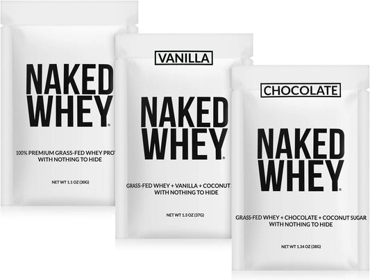 Naked Nutrition Whey Protein Sample Pack - Unflavored, Chocolate, Vanilla - 3 Pack