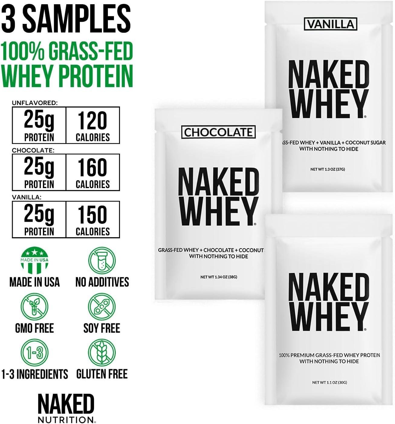 Naked Nutrition Whey Protein Sample Pack - Unflavored, Chocolate, Vanilla - 3 Pack