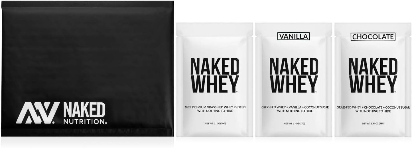 Naked Nutrition Whey Protein Sample Pack - Unflavored, Chocolate, Vanilla - 3 Pack